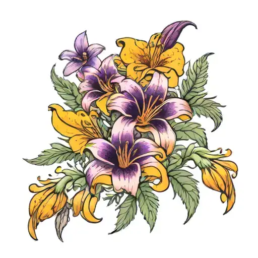 tattoo wild marigolds that look like tiger lilies with yellow/orange and in spontaneous spots of purple and pink cosmos  tattoo design idea