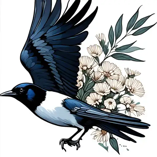 magpie flying with yarrow flowers  tattoo design idea