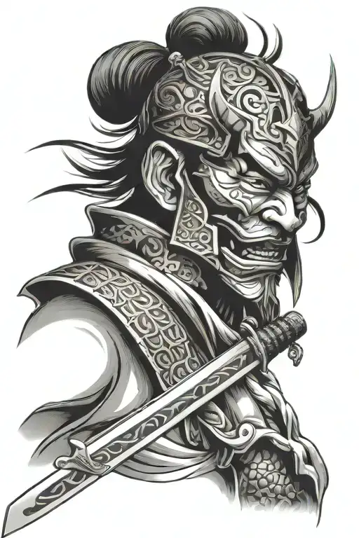 Samurai with Oni Mask licking sword tattoo design idea