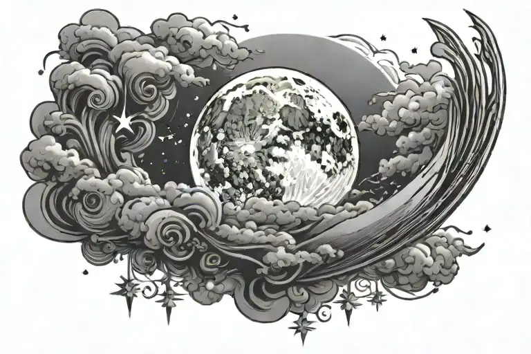 moon shining with stars and clouds surrounding tattoo design idea