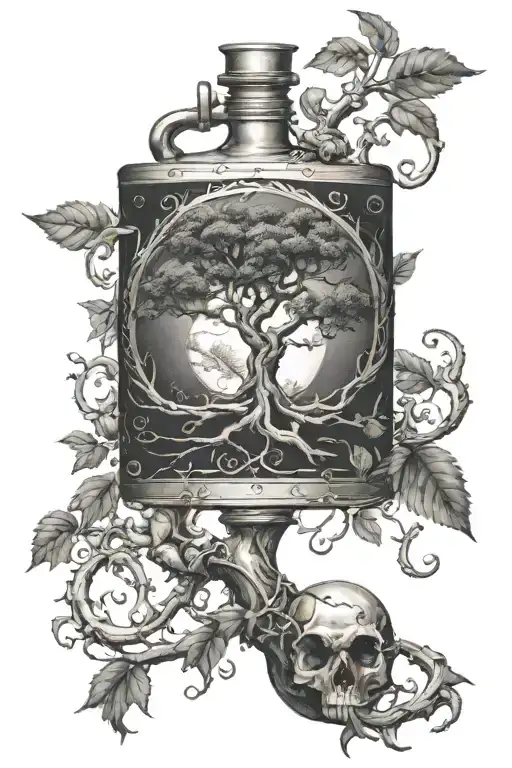 A flask-born tree, crowned with the cyclical wisdom of an ouroboros  tattoo design idea