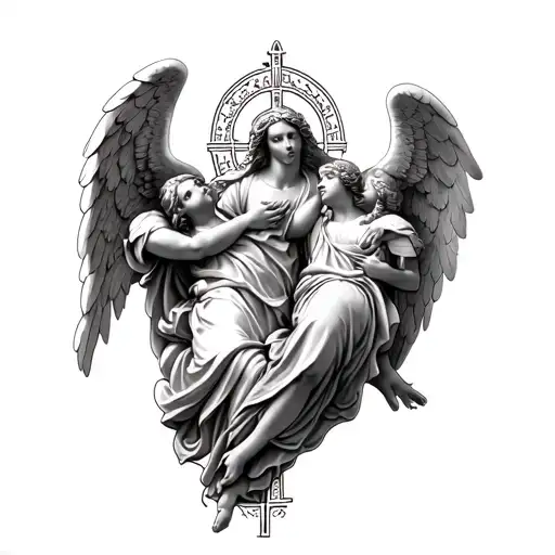detailed catholic work with two angels tattoo design idea