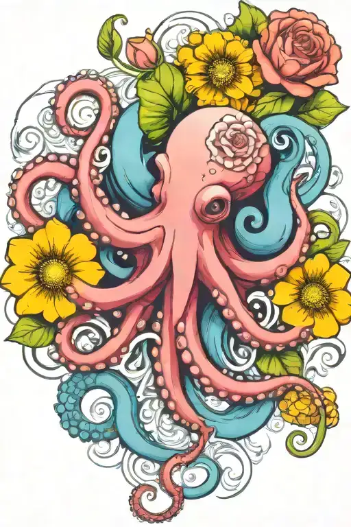 octopus, white snowdrop, rose,  marigold flower tattoo design idea