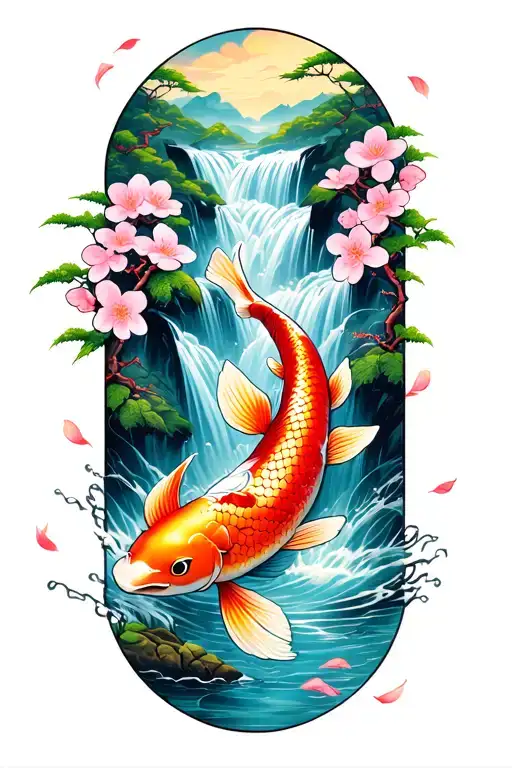 traditional Japanese tattoo with a golden koi fish swimming up stream in the majestic  waterfall,  cherry blossom petals tattoo design idea