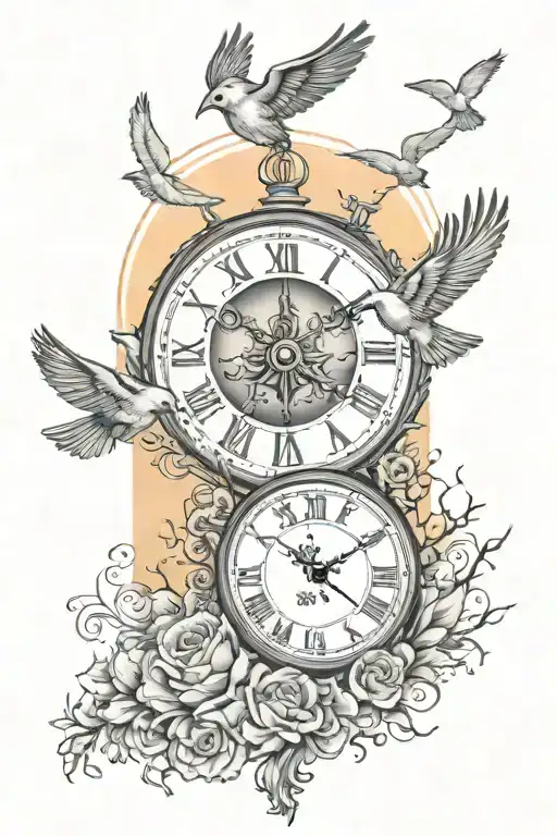 god, birds, sunset, blessed, clock face tattoo design idea