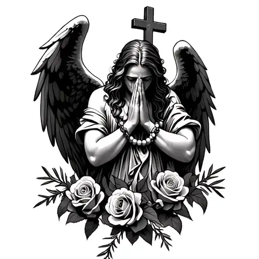 fallen angel praying and crying in front of cross with dead roses wrapped around and rosemary beads on his hands  tattoo design idea