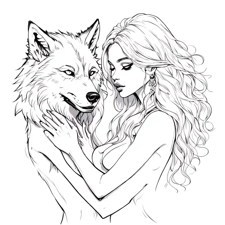 wolf goth with a woman in love tattoo design idea