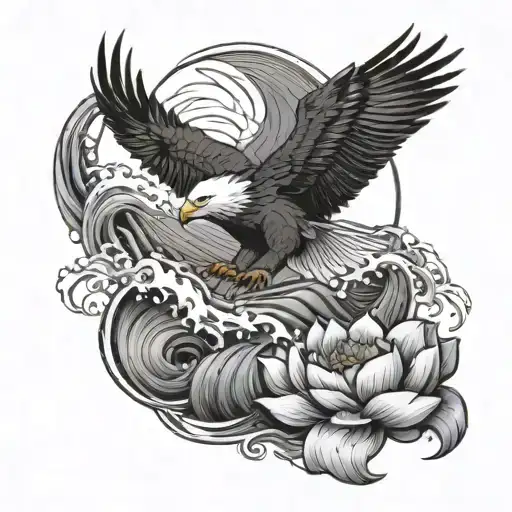 eagle soaring, ocean waves, lotus flower tattoo design idea