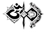 om and swastik with geometric elements incorporated tattoo design idea