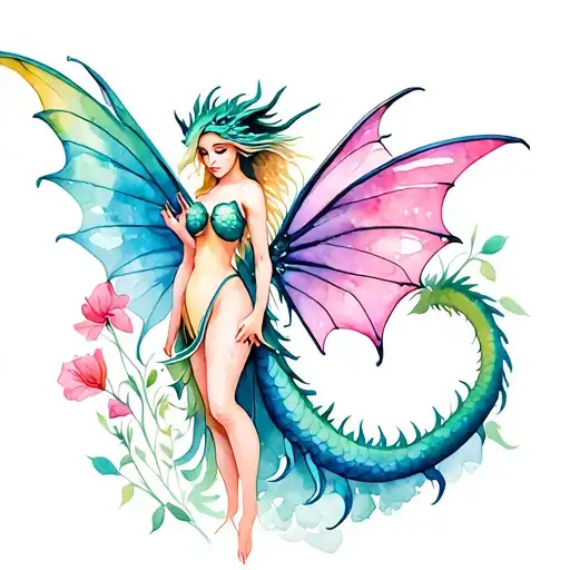 Dragon Fairy with sweetpeas tattoo design idea