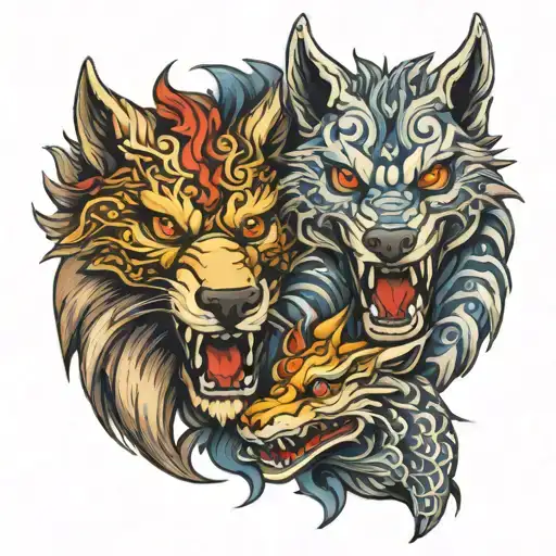 wolf and dragon heads near tattoo design idea