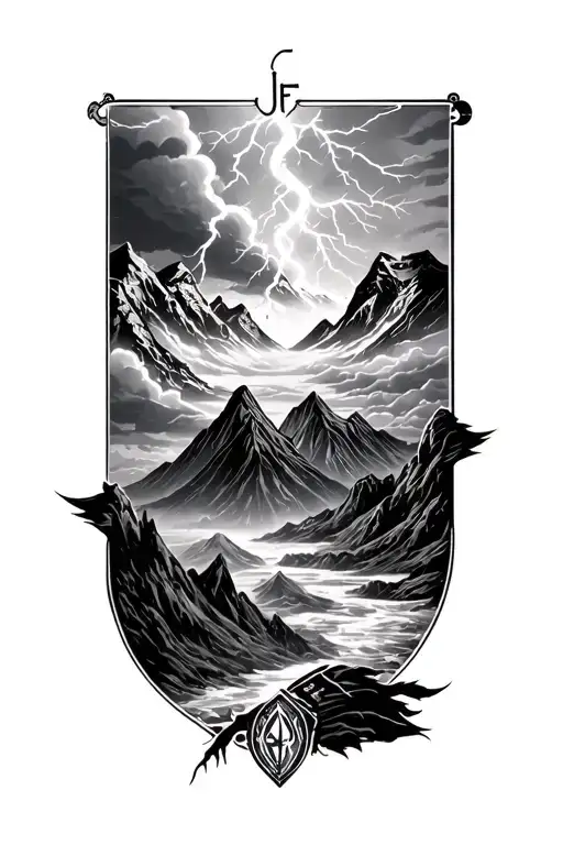 Norwegian myth with warrior, mountains, dark clouds,, lightning and runes of the letters M, J and F tattoo design idea