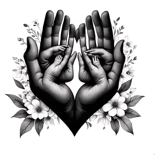 mother hand, with 3 small kid hands holding on it, with a heart around it of flowers tattoo design idea
