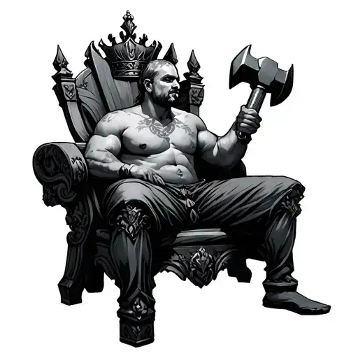 Sledgehammer and throne with person sitting with crown tattoo design idea