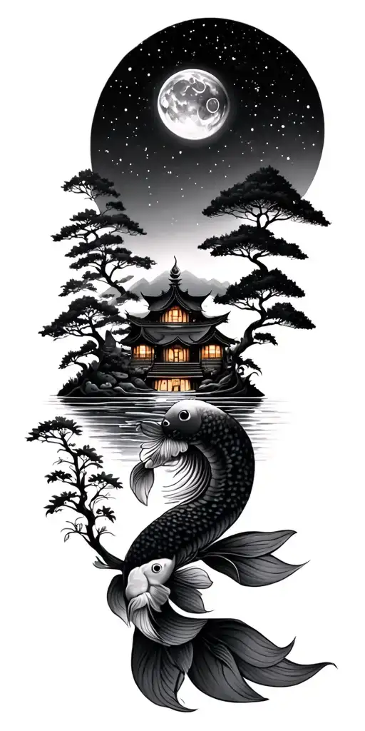 Buddhist tattoo. water and koi on wrist, trees and nature with small home in middle, constellation and space on top tattoo design idea