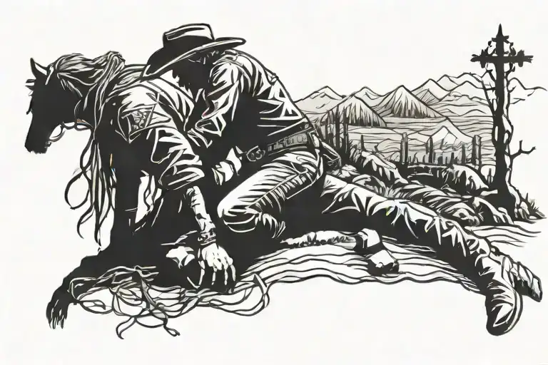silhouette of a cowboy that is kneeling down next to a cross tattoo design idea