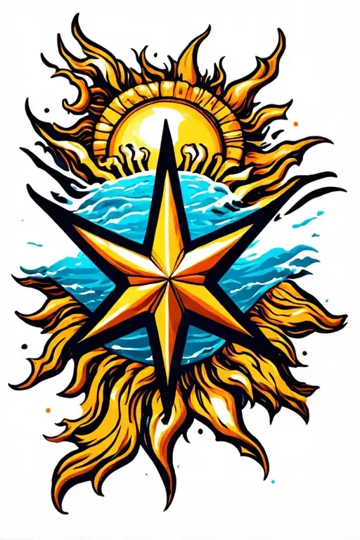 nautical star and sun shining tattoo design idea