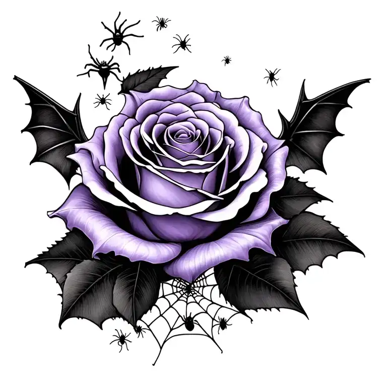 purple rose, bats ,cobwebs, spiders crawling tattoo design idea