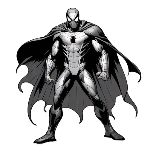 a tattoo design of spider-man with an iron-man in a Dr. doom cloak standing behind him tattoo design idea