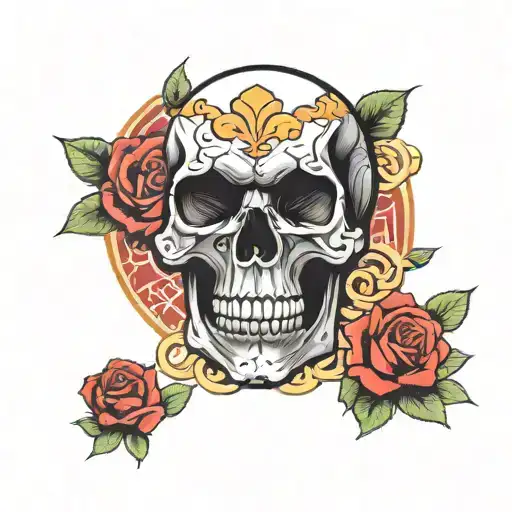 black skull red rose Asian writting going over it tattoo design idea