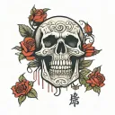 black skull red rose Asian writting going over it tattoo design idea