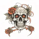 black skull red rose Asian writting going over it tattoo design idea
