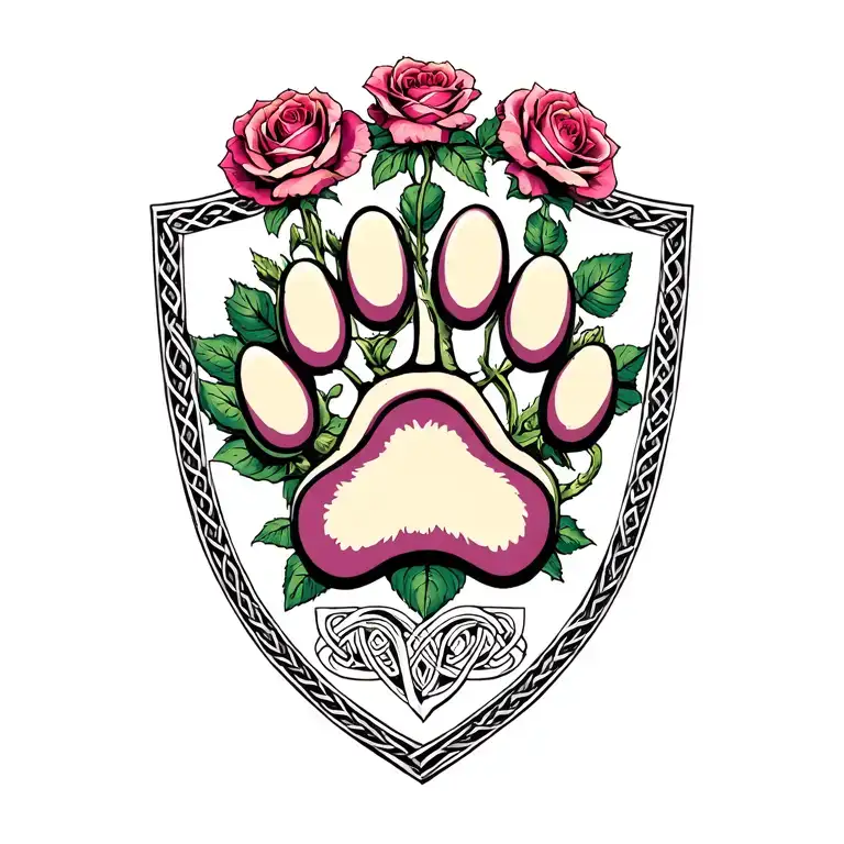 Dog paw print on a crest with english rose and scottish thisle. Celtic and maori theme tattoo design idea