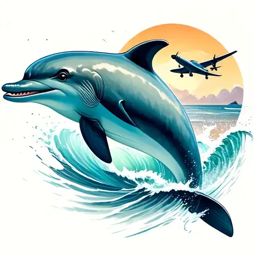 cute dolphin jumping through waves with a plane flying in the sky tattoo design idea