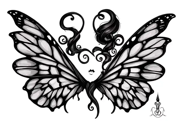 create me a tattoo of a kaleidoscope pair of half fairy half butterfly wings with curly antennas and a long sexy devil's tattoo design idea