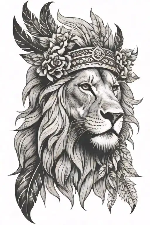 lion wearing Indian feather headpiece with flowers tattoo design idea
