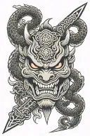 sword oni mask with snake coiled tattoo design idea