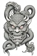 sword oni mask with snake coiled tattoo design idea