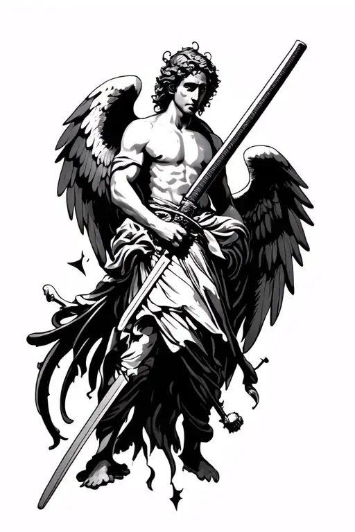 forearm sleave of guardian angel with broken katana focused on representation of n person trying hard to be a good man tattoo design idea