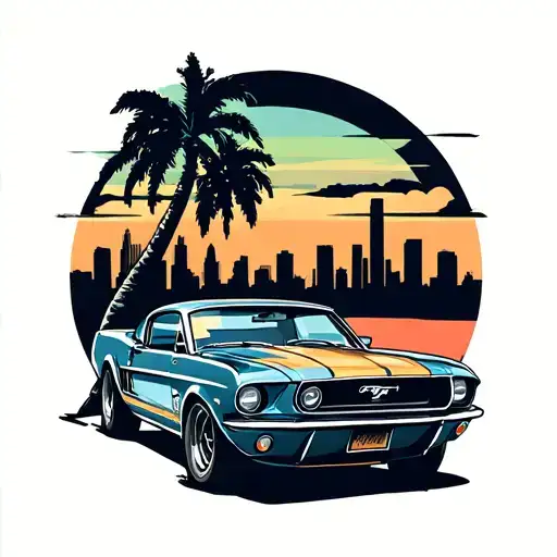 vintage ford mustang with palm tree silhouette and Los Angeles skyline tattoo design idea