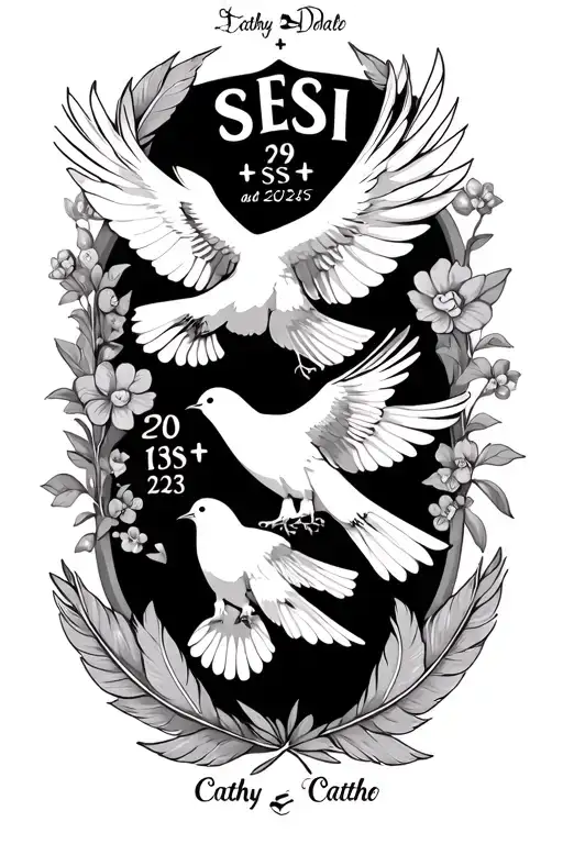 Doves and feathers with my mother's name SESI and my sister's name cathy add they date of death SESI 29+10+2025 Cathy 28 tattoo design idea