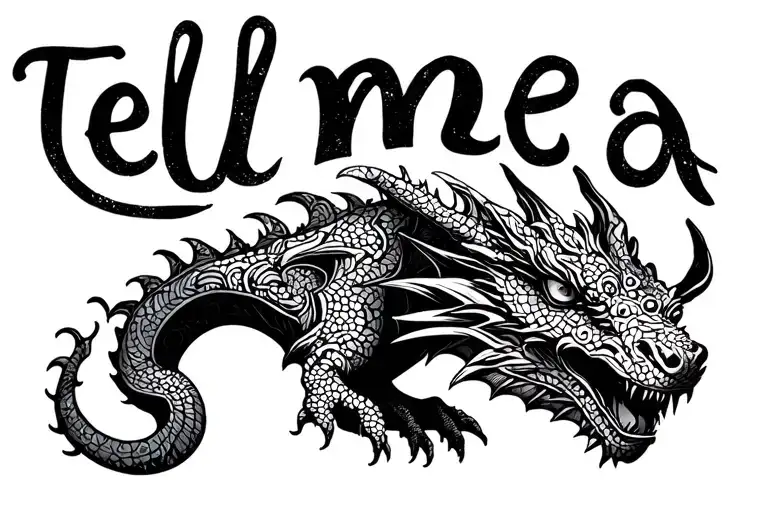 "Tell me a story" text with abstract dragon tattoo design idea