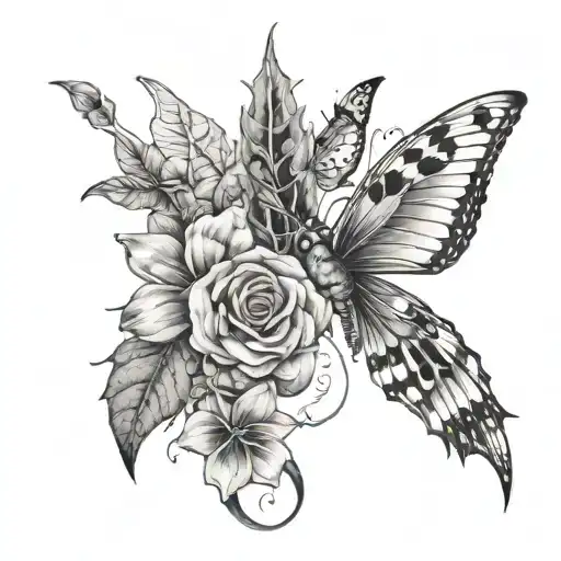 spine tat with flower and moths and butterflies and cardinal bird  tattoo design idea