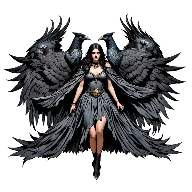 The Morrigan Goddess of Death, with a large crow behind her. Beautiful but terrifying. Wearing a dress with a cloak.  tattoo design idea