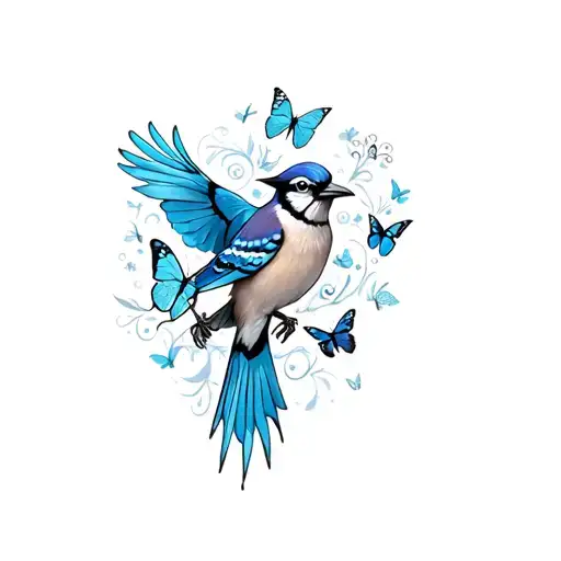 blue jay bird flying, butterflies surrounding tattoo design idea