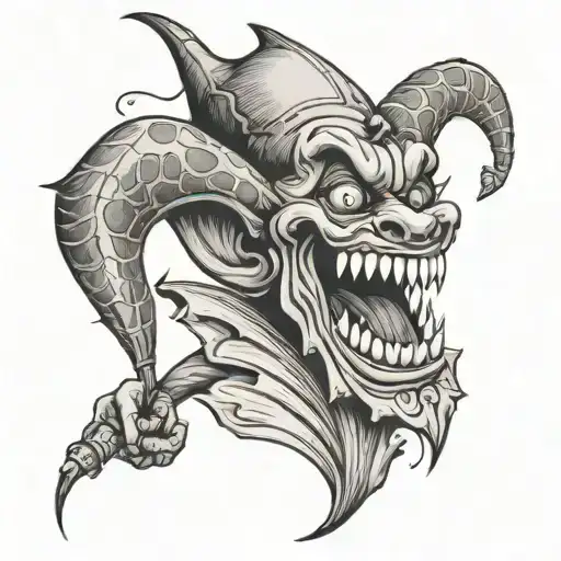 An evil jester who laughs and takes off his mask with a cigarette in his teeth tattoo design idea