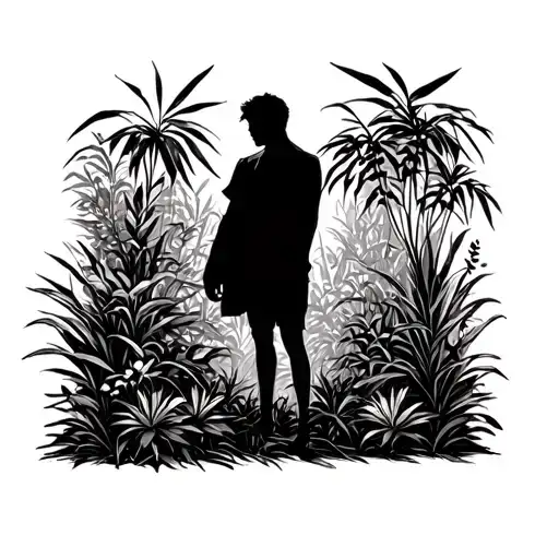  A lone, silhouetted man stands in a lush but slightly overgrown garden, deep in thought.  tattoo design idea