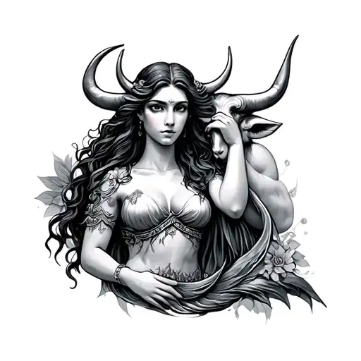 greek mythology siren with taurus sign tattoo design idea