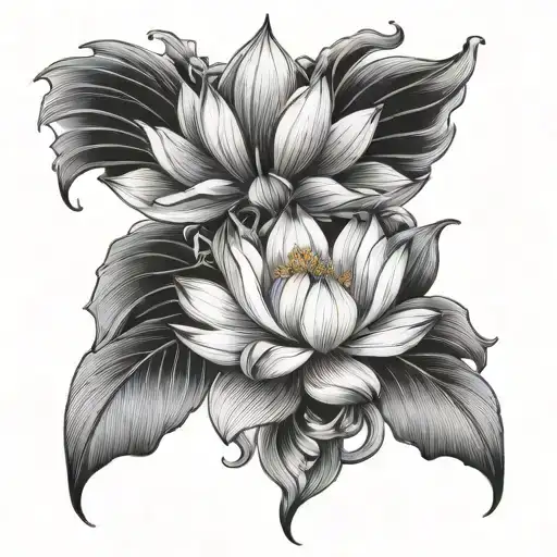 lotus flower, phoenix combination black and white tattoo design idea