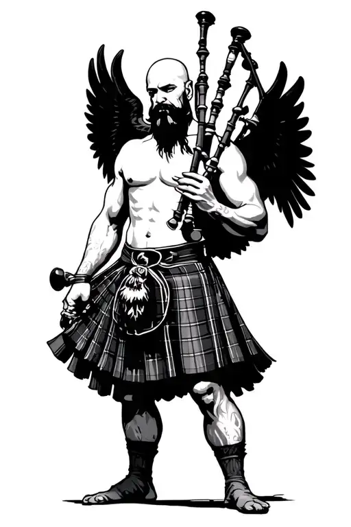 shirtless bagpiper big black wings on back muscular playing the bagpipes bald with  black beard  tattoo design idea