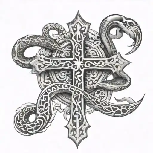 cross with staff and serpent as the bar tattoo design idea