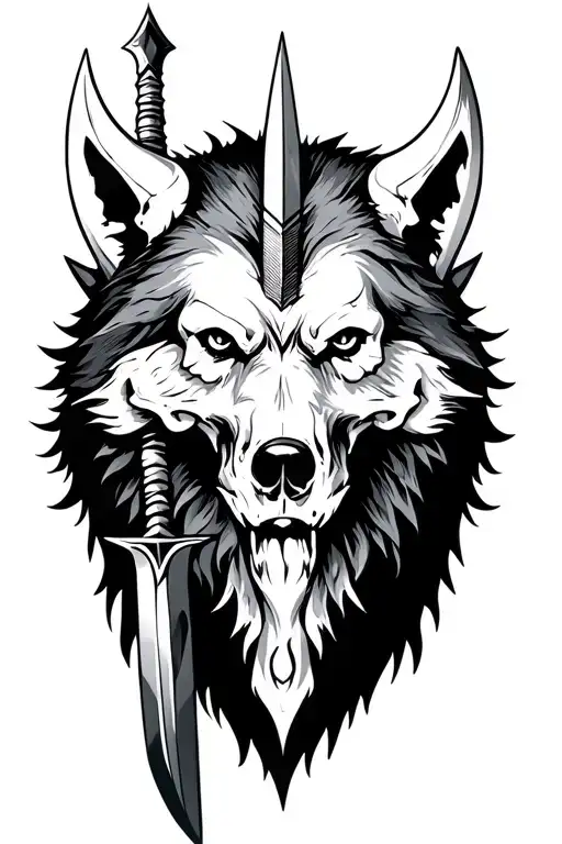 Viking spear, skulls, wolf head tattoo design idea
