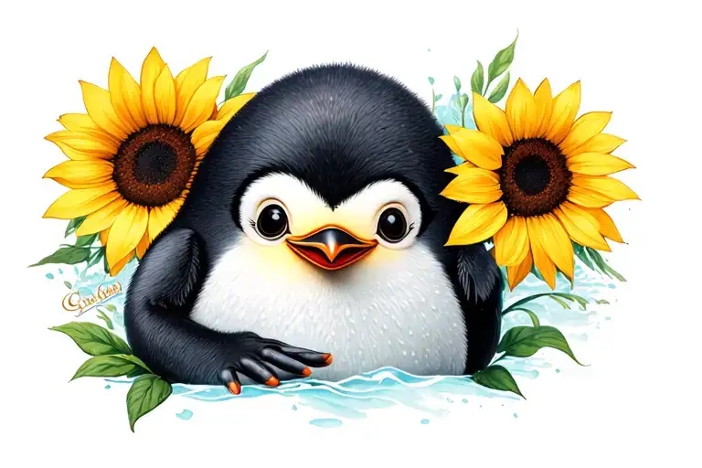 "Her whispers echo in my soul" pudgey penguin  with a sunflower tattoo design idea