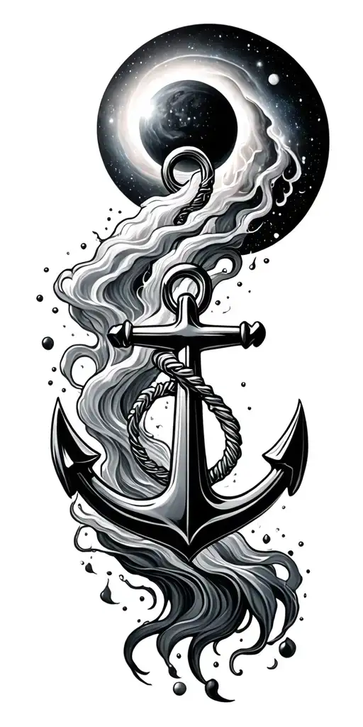 an anchor surrounded by water flowing up into space with a nebula at the top  tattoo design idea