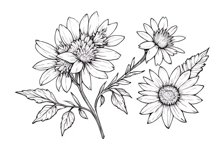 larkspur, daffofil and aster flower blooming tattoo design idea