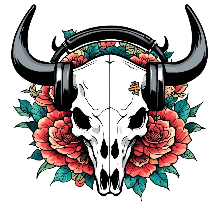 bull skull wearing headphones tattoo design idea